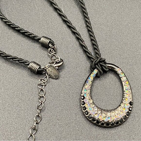 Lia Sophia Retired Black Cord Necklace w/ Sparkly Crystal Teardrop Oval Pendant - Picture 9 of 16